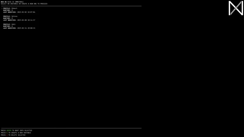 NexOS BIOS terminal showing system profiles